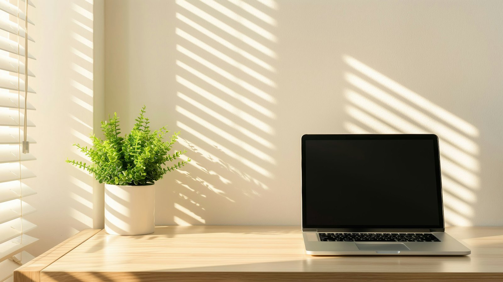 A laptop and a potted plant on a light wooden desk with striped sunlight falling through window blinds