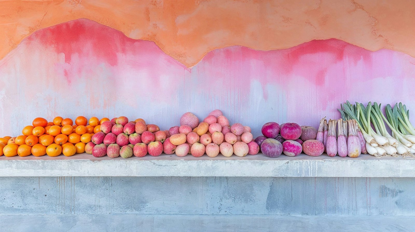Oranges, apples, radishes and spring onions lined up on a concrete counter against a pink and orange wall