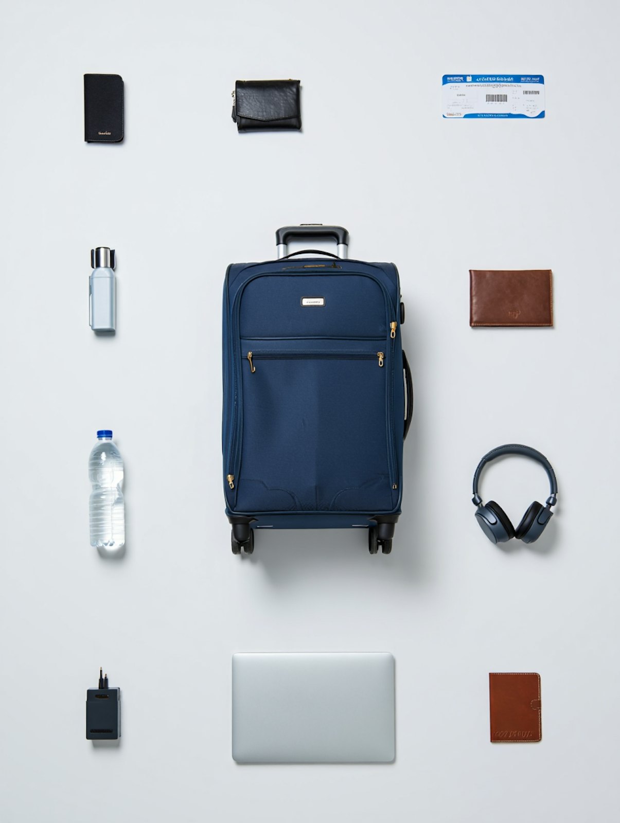 A navy carry-on suitcase surrounded by neatly arranged travel essentials including headphones, a passport and a laptop