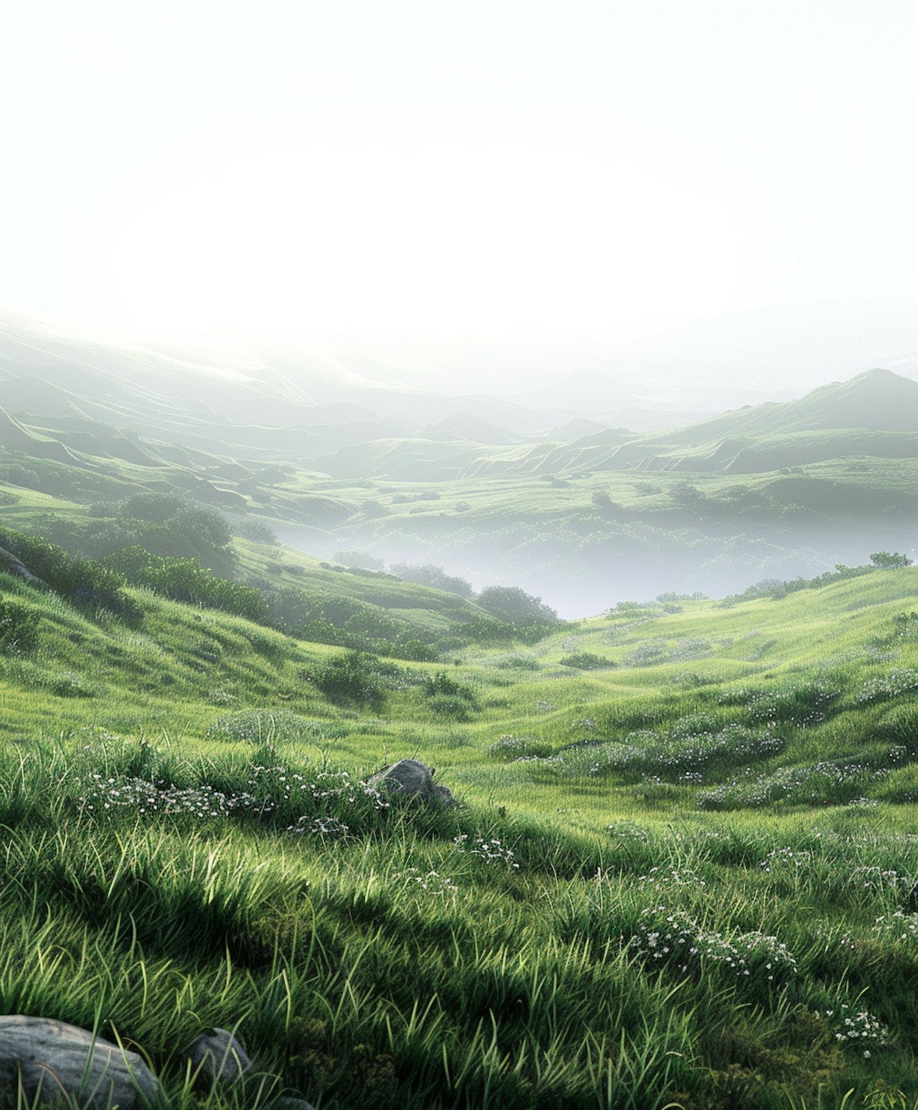 Misty green hills and valleys rolling into the distance under soft morning light