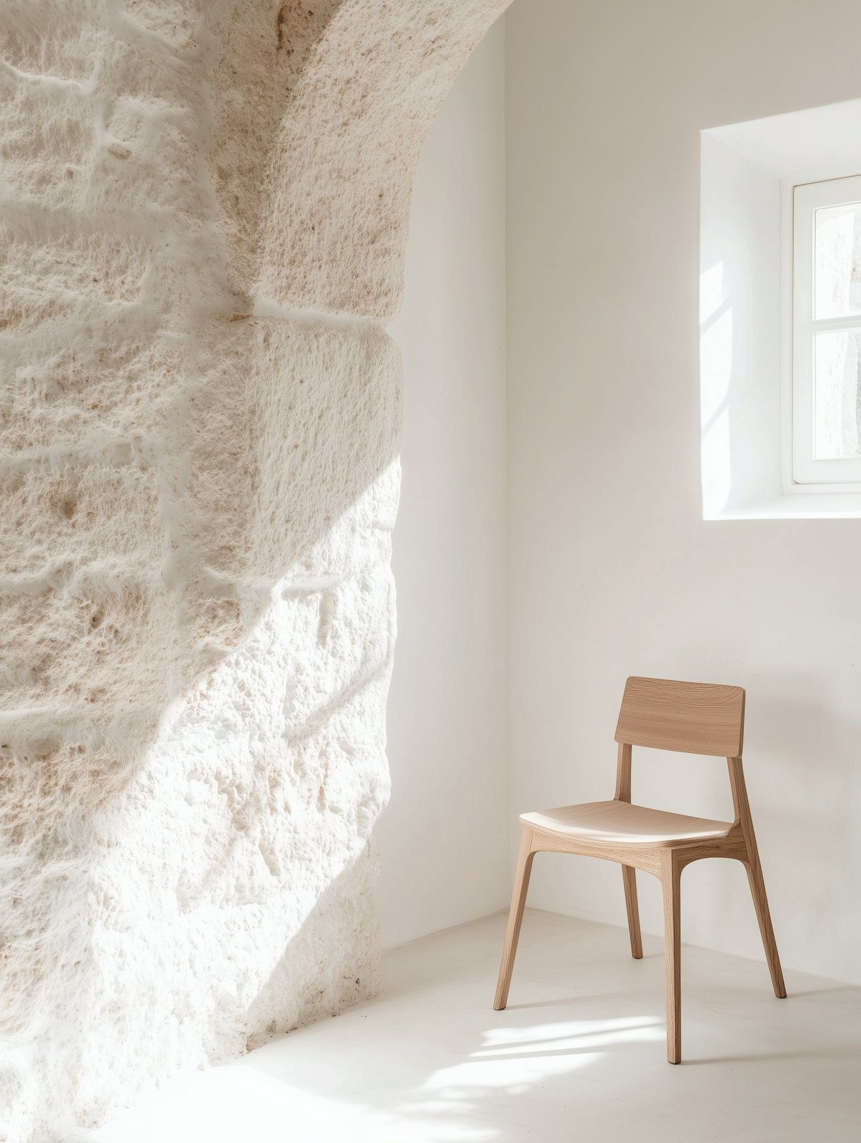 A simple wooden chair in a bright white room with a textured stone wall and a small window